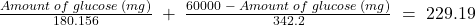 \frac{Amount\;of\;glucose\;(mg)}{180.156}\;+\;\frac{60000\;-\;Amount\;of\;glucose\;(mg)}{342.2}\;=\;229.19