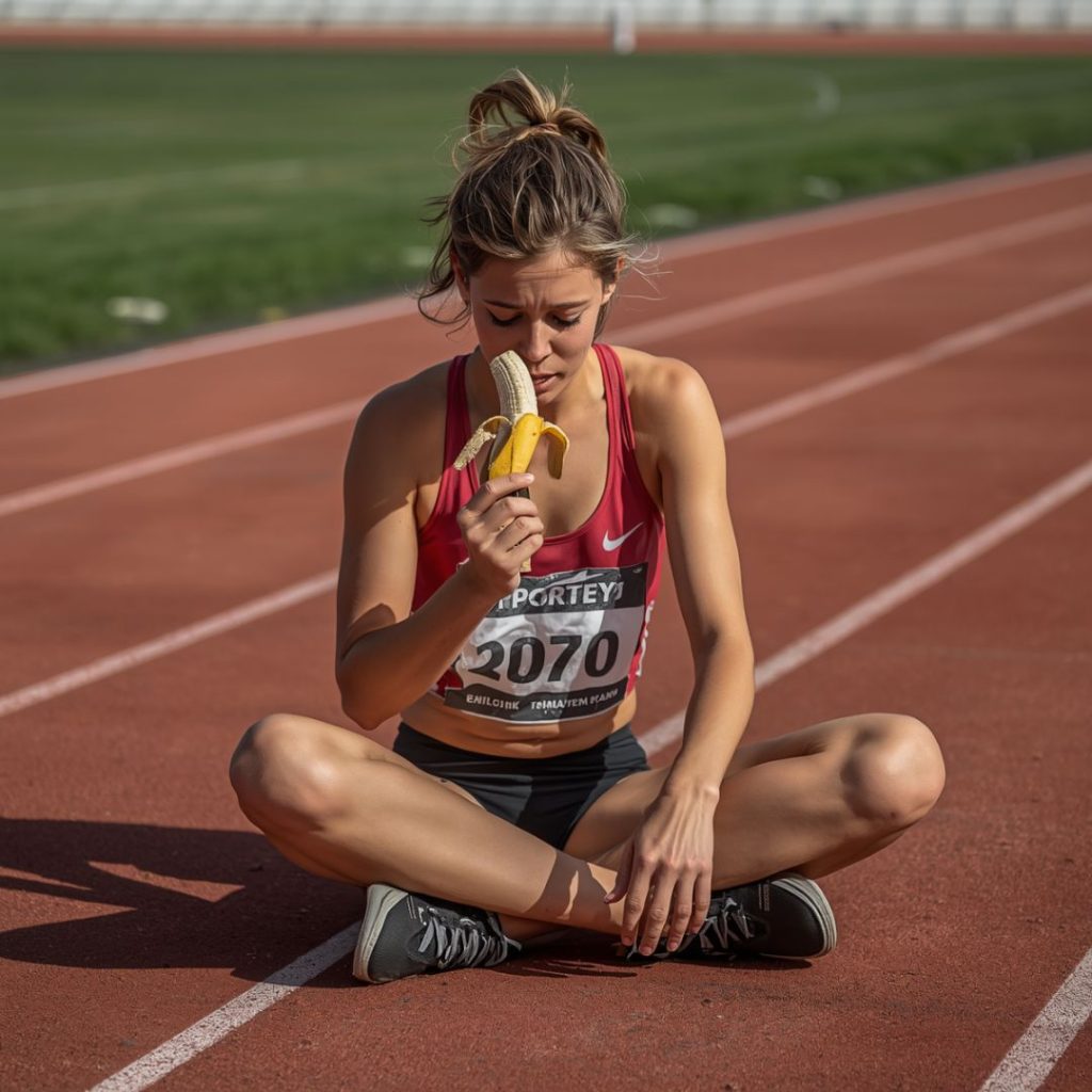 Young-girl-eating-banana-in-an-athletics-field