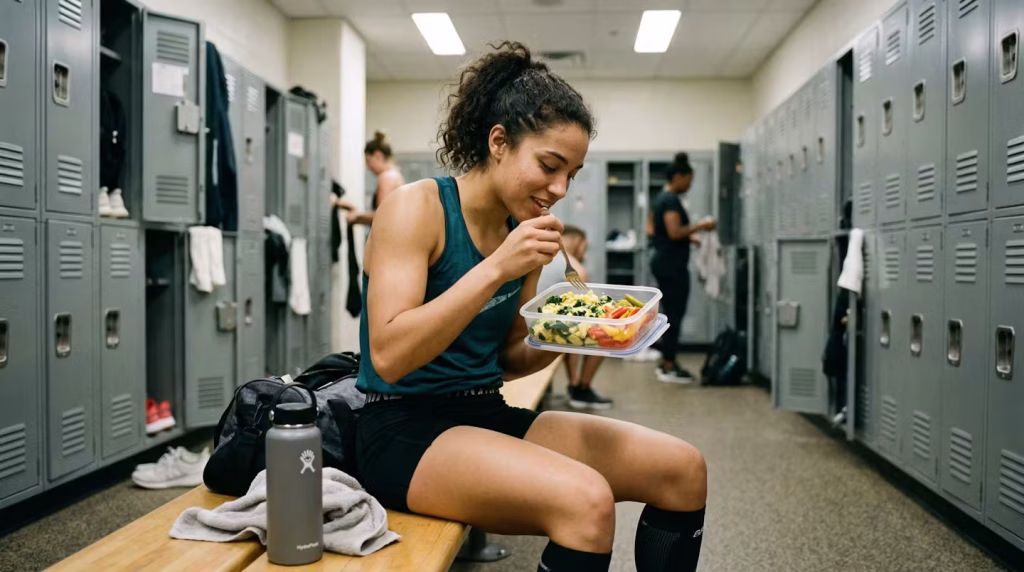 Young-athlete-eating-vegetables-and-eggs-in-the-dressing-room-of-a-gym