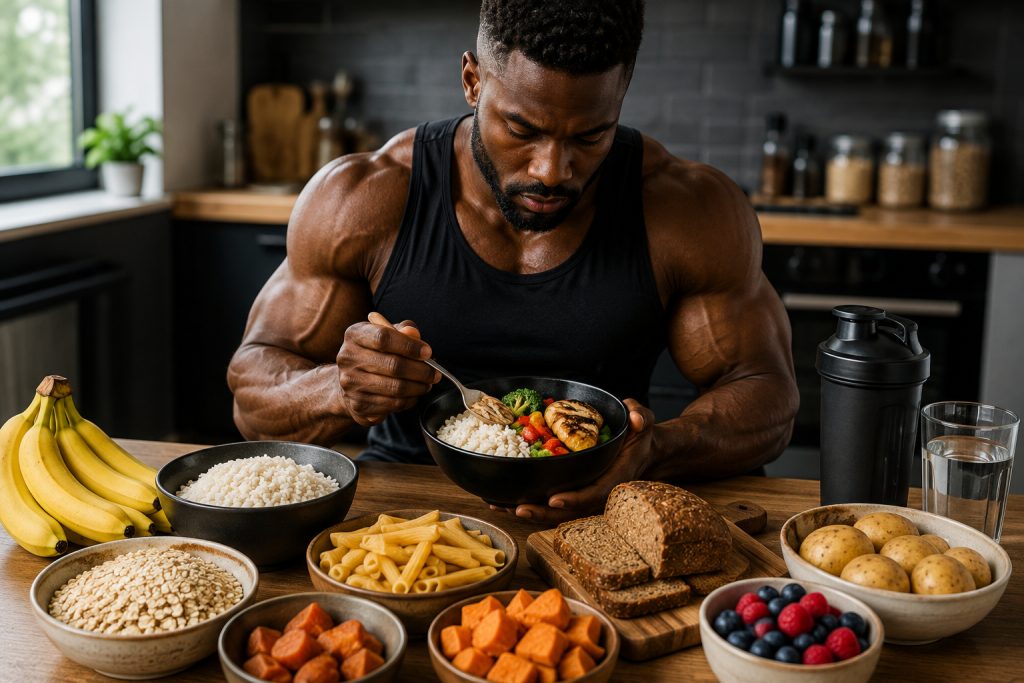 Good looking bodybuilder eating healthy food in a kitchen