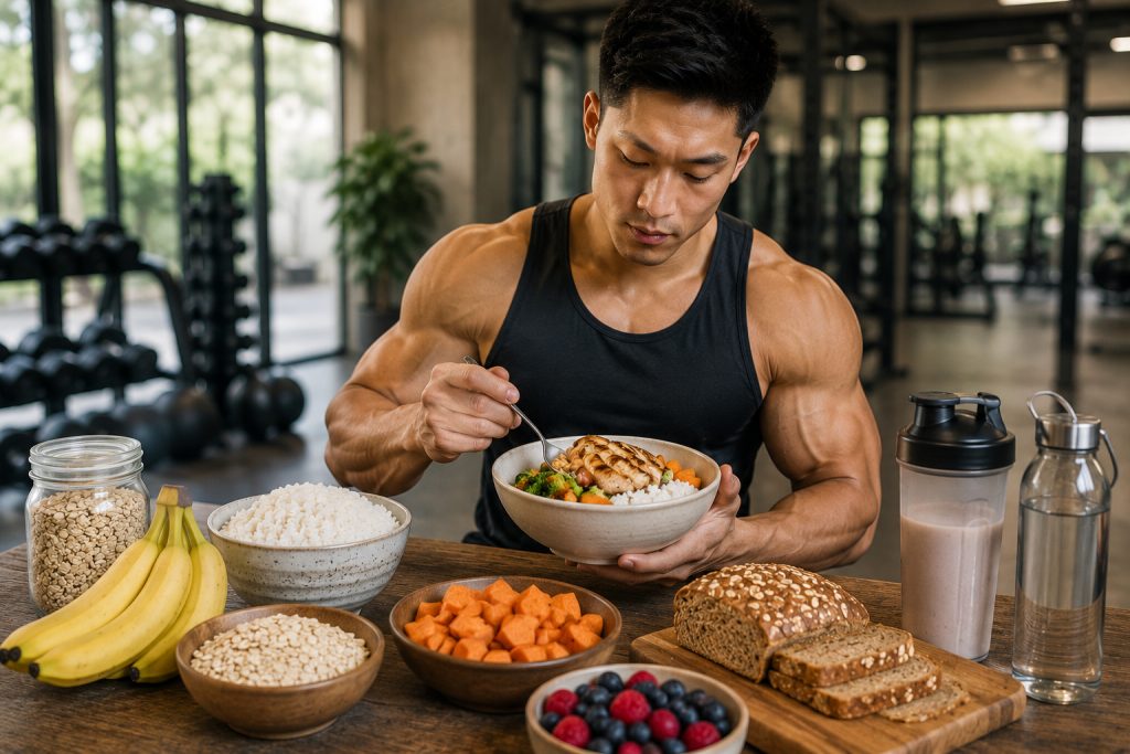 Good looking bodybuilder eating foods rich in carbohydrates in a gym