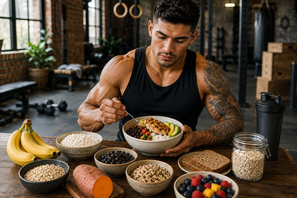 Good looking bodybuilder eating carbs in a gym.
