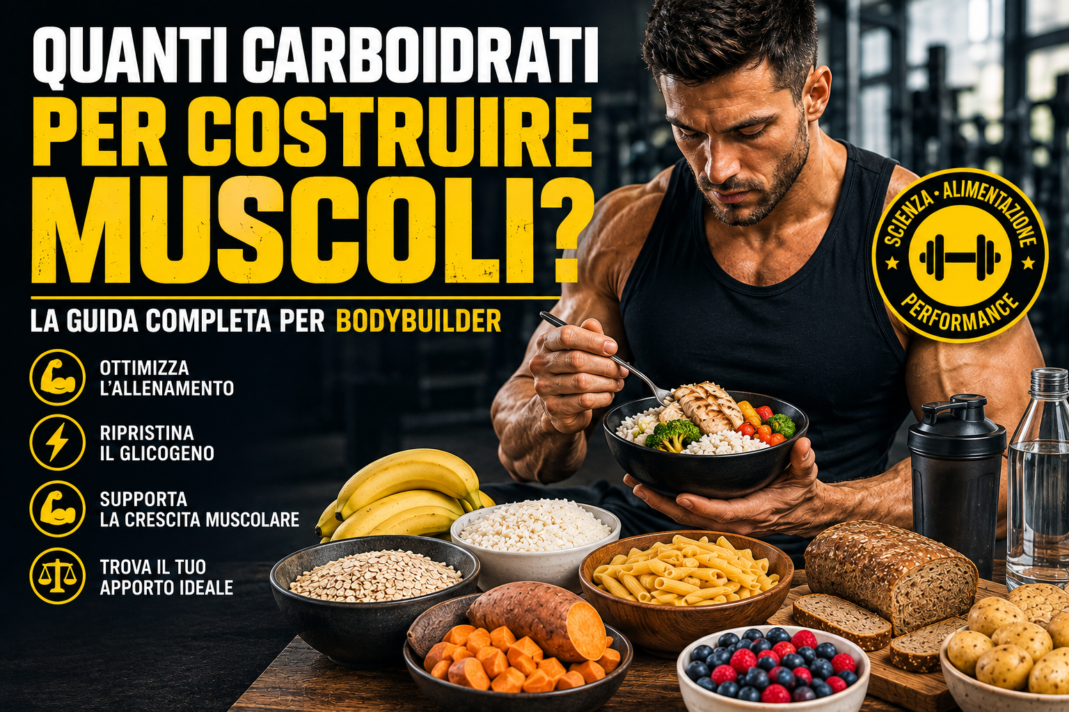 Quanti carboidrati per costruire muscoli? Bodybuilder che mangia cibi per lo sport